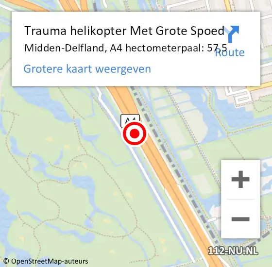 Locatie op kaart van de 112 melding: Trauma helikopter Met Grote Spoed Naar Midden-Delfland, A4 hectometerpaal: 57,5 op 21 september 2023 07:12