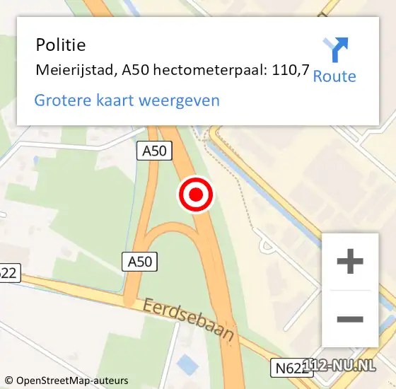 Locatie op kaart van de 112 melding: Politie Meierijstad, A50 hectometerpaal: 110,7 op 21 september 2023 09:20