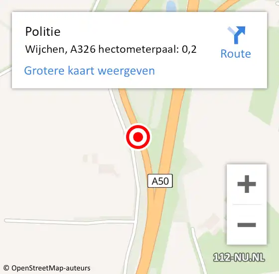 Locatie op kaart van de 112 melding: Politie Wijchen, A326 hectometerpaal: 0,2 op 21 september 2023 09:49