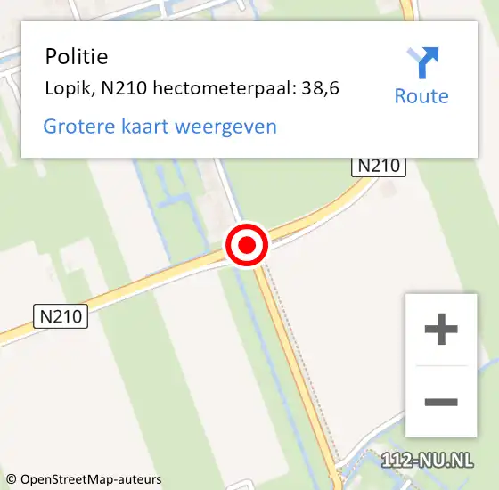 Locatie op kaart van de 112 melding: Politie Lopik, N210 hectometerpaal: 38,6 op 21 september 2023 10:35