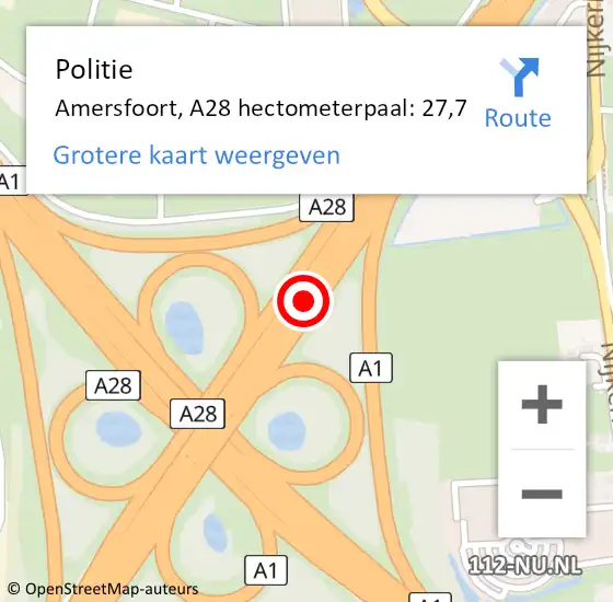 Locatie op kaart van de 112 melding: Politie Amersfoort, A28 hectometerpaal: 27,7 op 21 september 2023 17:39