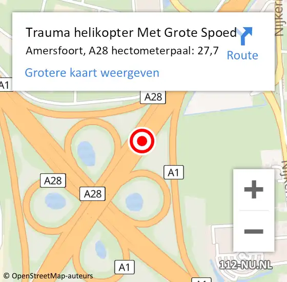 Locatie op kaart van de 112 melding: Trauma helikopter Met Grote Spoed Naar Amersfoort, A28 hectometerpaal: 27,7 op 21 september 2023 17:49