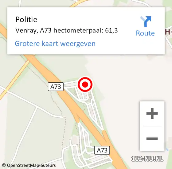 Locatie op kaart van de 112 melding: Politie Venray, A73 hectometerpaal: 61,3 op 21 september 2023 21:20