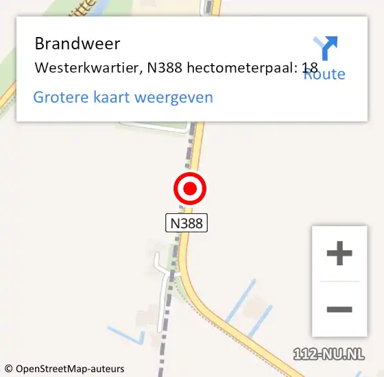 Locatie op kaart van de 112 melding: Brandweer Westerkwartier, N388 hectometerpaal: 18 op 22 september 2023 08:05