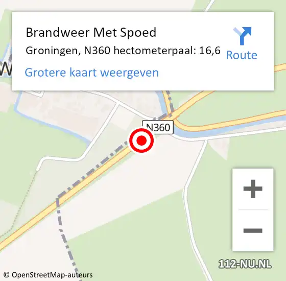 Locatie op kaart van de 112 melding: Brandweer Met Spoed Naar Groningen, N360 hectometerpaal: 16,6 op 22 september 2023 15:22