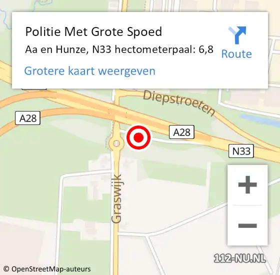Locatie op kaart van de 112 melding: Politie Met Grote Spoed Naar Aa en Hunze, N33 hectometerpaal: 6,8 op 22 september 2023 16:05