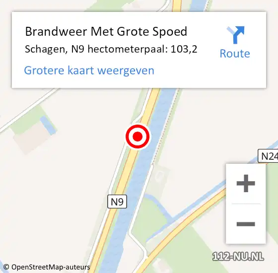 Locatie op kaart van de 112 melding: Brandweer Met Grote Spoed Naar Schagen, N9 hectometerpaal: 103,2 op 23 september 2023 00:46