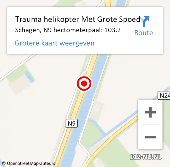 Locatie op kaart van de 112 melding: Trauma helikopter Met Grote Spoed Naar Schagen, N9 hectometerpaal: 103,2 op 23 september 2023 00:48