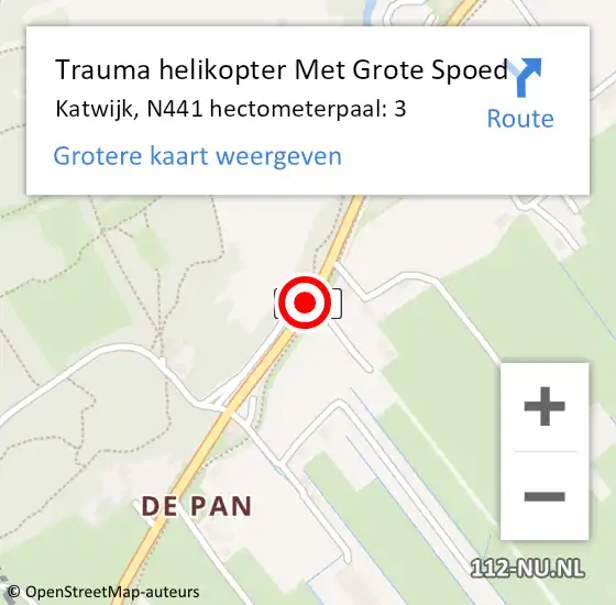 Locatie op kaart van de 112 melding: Trauma helikopter Met Grote Spoed Naar Katwijk, N441 hectometerpaal: 3 op 23 september 2023 05:38