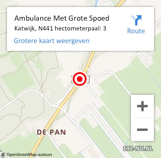 Locatie op kaart van de 112 melding: Ambulance Met Grote Spoed Naar Katwijk, N441 hectometerpaal: 3 op 23 september 2023 06:07