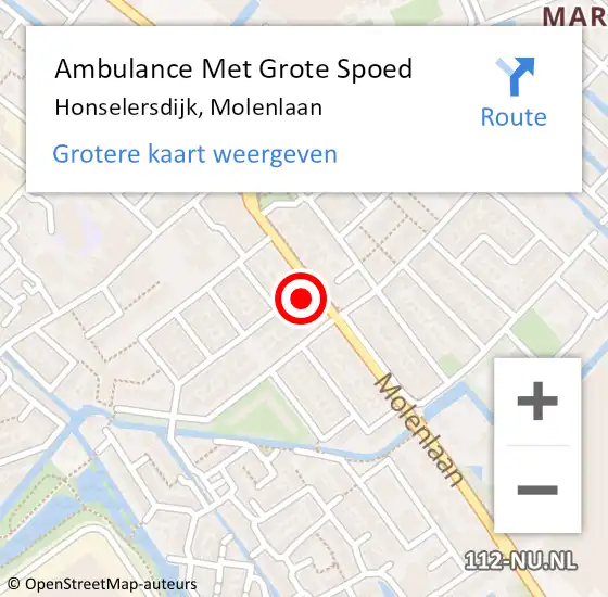 Locatie op kaart van de 112 melding: Ambulance Met Grote Spoed Naar Honselersdijk, Molenlaan op 23 september 2023 07:12