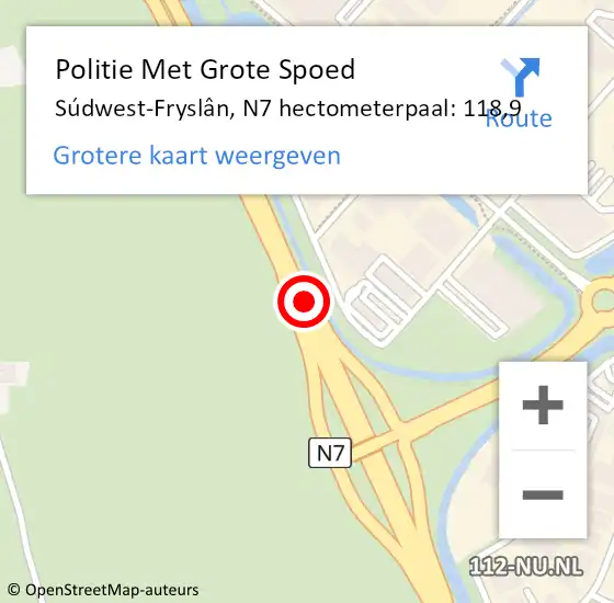 Locatie op kaart van de 112 melding: Politie Met Grote Spoed Naar Súdwest-Fryslân, N7 hectometerpaal: 118,9 op 23 september 2023 16:59
