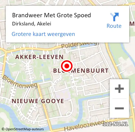 Locatie op kaart van de 112 melding: Brandweer Met Grote Spoed Naar Dirksland, Akelei op 23 september 2023 18:22