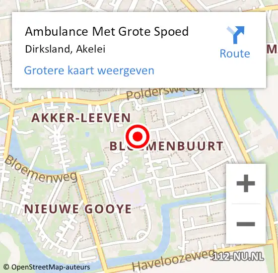 Locatie op kaart van de 112 melding: Ambulance Met Grote Spoed Naar Dirksland, Akelei op 23 september 2023 18:25
