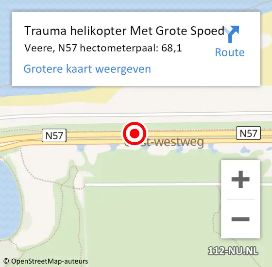 Locatie op kaart van de 112 melding: Trauma helikopter Met Grote Spoed Naar Veere, N57 hectometerpaal: 68,1 op 24 september 2023 15:20