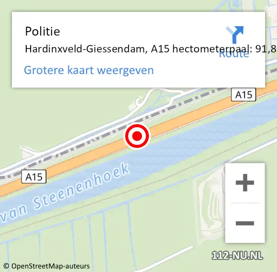 Locatie op kaart van de 112 melding: Politie Hardinxveld-Giessendam, A15 hectometerpaal: 91,8 op 24 september 2023 18:07