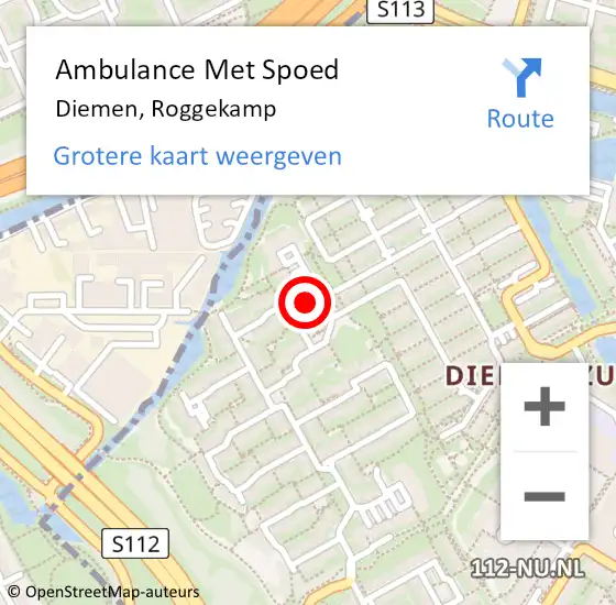 Locatie op kaart van de 112 melding: Ambulance Met Spoed Naar Diemen, Roggekamp op 25 september 2023 07:14