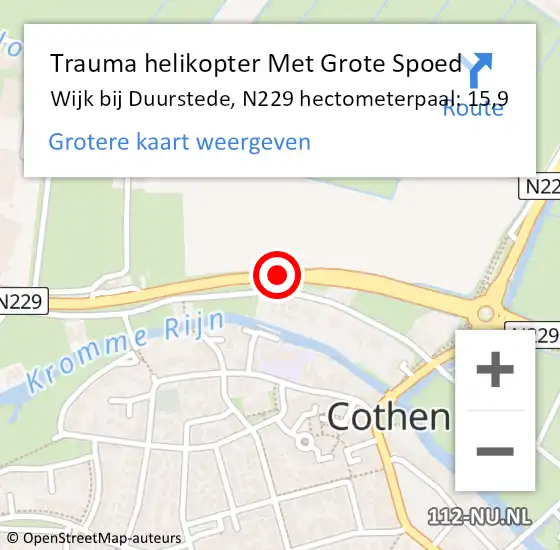 Locatie op kaart van de 112 melding: Trauma helikopter Met Grote Spoed Naar Wijk bij Duurstede, N229 hectometerpaal: 15,9 op 25 september 2023 10:47