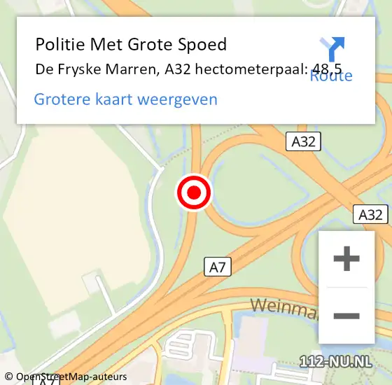 Locatie op kaart van de 112 melding: Politie Met Grote Spoed Naar De Fryske Marren, A32 hectometerpaal: 48,5 op 25 september 2023 15:39