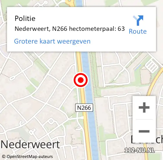 Locatie op kaart van de 112 melding: Politie Nederweert, N266 hectometerpaal: 63 op 25 september 2023 18:34