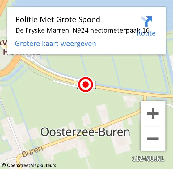 Locatie op kaart van de 112 melding: Politie Met Grote Spoed Naar De Fryske Marren, N924 hectometerpaal: 16 op 25 september 2023 21:49