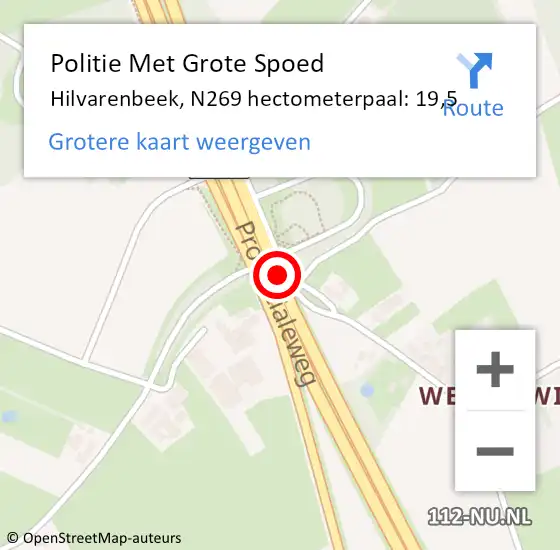 Locatie op kaart van de 112 melding: Politie Met Grote Spoed Naar Hilvarenbeek, N269 hectometerpaal: 19,5 op 25 september 2023 22:07