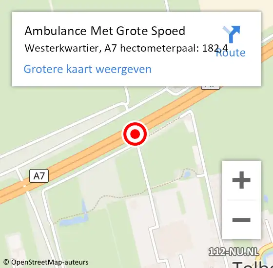 Locatie op kaart van de 112 melding: Ambulance Met Grote Spoed Naar Westerkwartier, A7 hectometerpaal: 182,4 op 26 september 2023 05:26