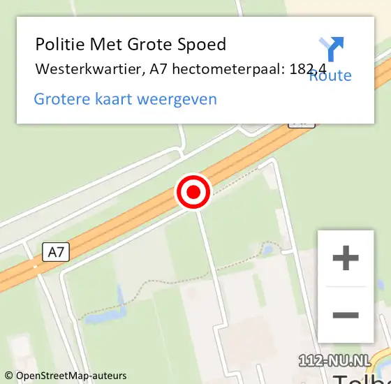 Locatie op kaart van de 112 melding: Politie Met Grote Spoed Naar Westerkwartier, A7 hectometerpaal: 182,4 op 26 september 2023 05:31