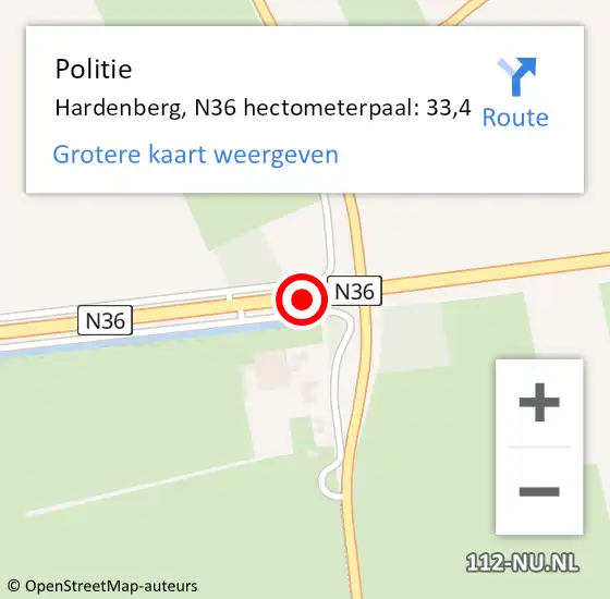 Locatie op kaart van de 112 melding: Politie Hardenberg, N36 hectometerpaal: 33,4 op 26 september 2023 16:57