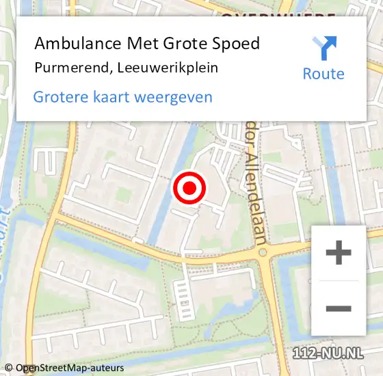 Locatie op kaart van de 112 melding: Ambulance Met Grote Spoed Naar Purmerend, Leeuwerikplein op 27 september 2023 11:55