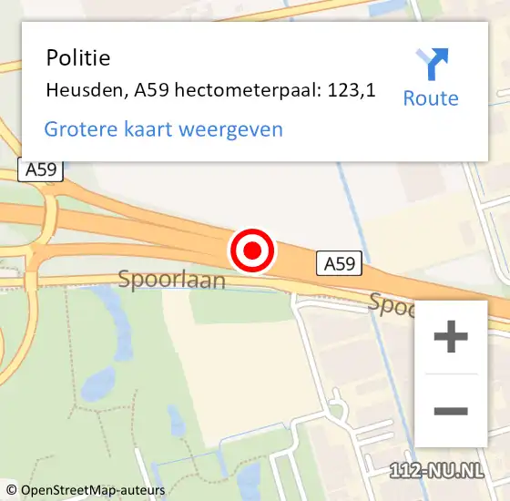 Locatie op kaart van de 112 melding: Politie Heusden, A59 hectometerpaal: 123,1 op 27 september 2023 13:34