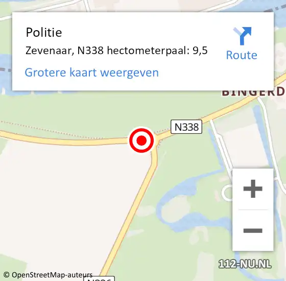 Locatie op kaart van de 112 melding: Politie Zevenaar, N338 hectometerpaal: 9,5 op 27 september 2023 14:12