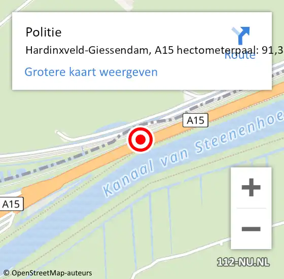 Locatie op kaart van de 112 melding: Politie Hardinxveld-Giessendam, A15 hectometerpaal: 91,3 op 27 september 2023 14:28