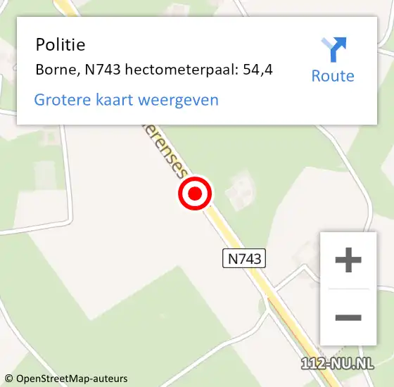 Locatie op kaart van de 112 melding: Politie Borne, N743 hectometerpaal: 54,4 op 27 september 2023 17:38