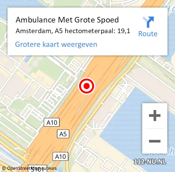 Locatie op kaart van de 112 melding: Ambulance Met Grote Spoed Naar Amsterdam, A5 hectometerpaal: 19,1 op 28 september 2023 10:40
