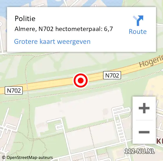 Locatie op kaart van de 112 melding: Politie Almere, N702 hectometerpaal: 6,7 op 28 september 2023 19:41