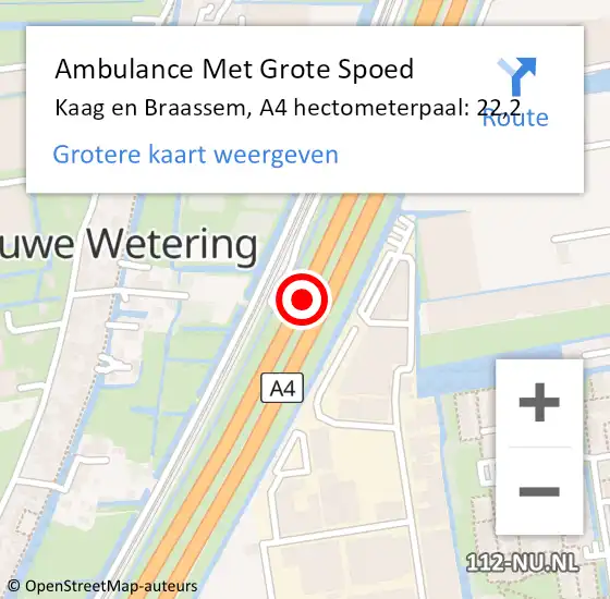 Locatie op kaart van de 112 melding: Ambulance Met Grote Spoed Naar Kaag en Braassem, A4 hectometerpaal: 22,2 op 29 september 2023 15:10