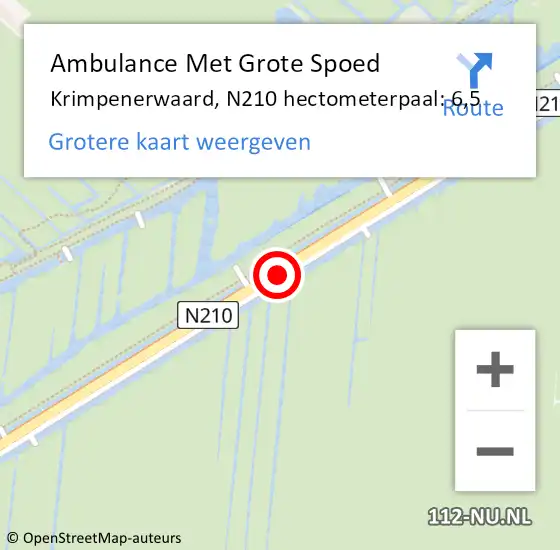 Locatie op kaart van de 112 melding: Ambulance Met Grote Spoed Naar Krimpenerwaard, N210 hectometerpaal: 6,5 op 29 september 2023 20:34