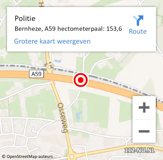 Locatie op kaart van de 112 melding: Politie Bernheze, A59 hectometerpaal: 153,6 op 29 september 2023 22:28