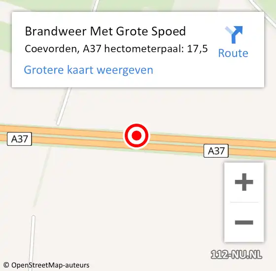 Locatie op kaart van de 112 melding: Brandweer Met Grote Spoed Naar Coevorden, A37 hectometerpaal: 17,5 op 30 september 2023 12:35