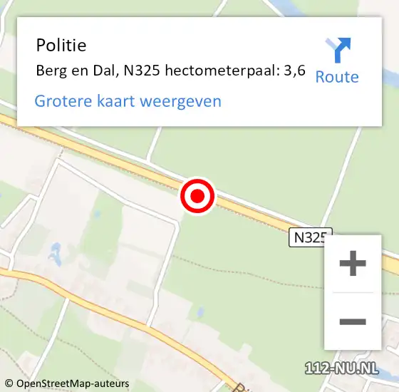 Locatie op kaart van de 112 melding: Politie Berg en Dal, N325 hectometerpaal: 3,6 op 30 september 2023 14:18