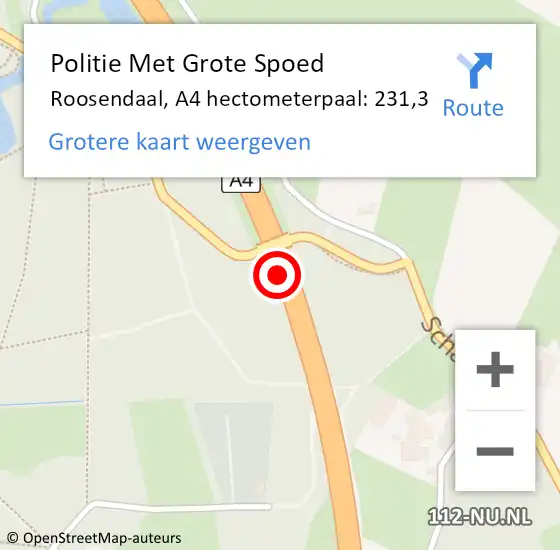 Locatie op kaart van de 112 melding: Politie Met Grote Spoed Naar Roosendaal, A4 hectometerpaal: 231,3 op 2 oktober 2023 13:24