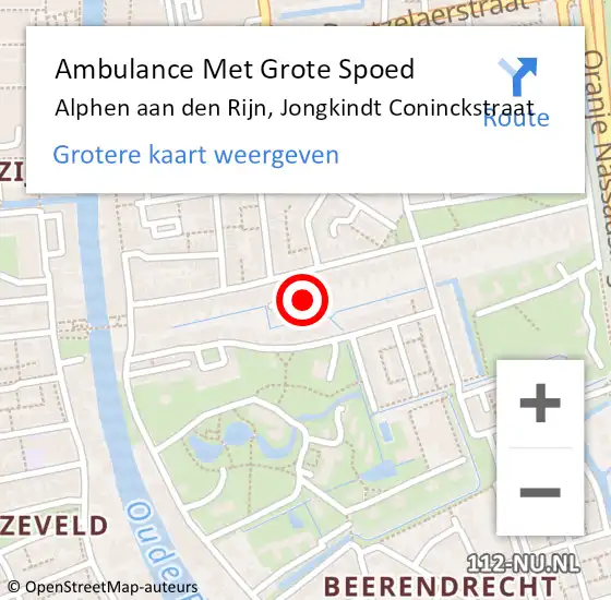 Locatie op kaart van de 112 melding: Ambulance Met Grote Spoed Naar Alphen aan den Rijn, Jongkindt Coninckstraat op 2 oktober 2023 20:32