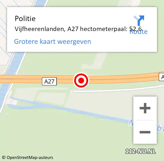 Locatie op kaart van de 112 melding: Politie Vijfheerenlanden, A27 hectometerpaal: 52,6 op 3 oktober 2023 19:26