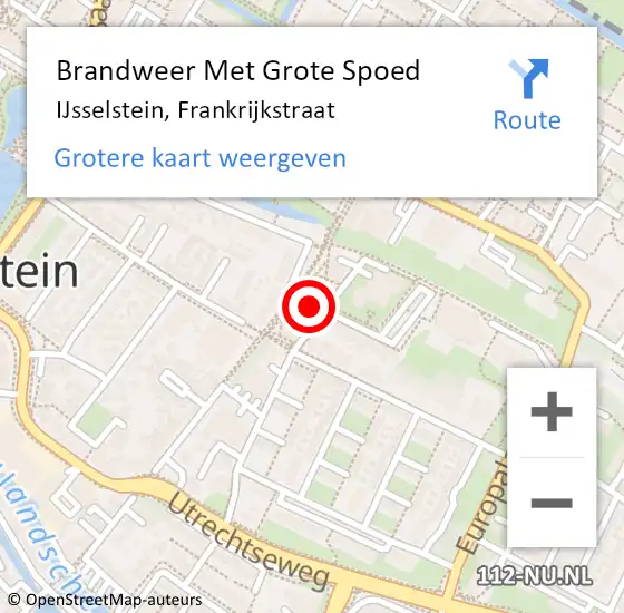 Locatie op kaart van de 112 melding: Brandweer Met Grote Spoed Naar IJsselstein, Frankrijkstraat op 3 oktober 2023 19:45