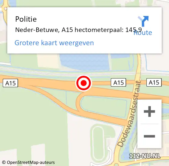 Locatie op kaart van de 112 melding: Politie Neder-Betuwe, A15 hectometerpaal: 145,9 op 4 oktober 2023 05:08