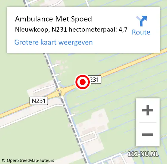 Locatie op kaart van de 112 melding: Ambulance Met Spoed Naar Nieuwkoop, N231 hectometerpaal: 4,7 op 4 oktober 2023 08:16