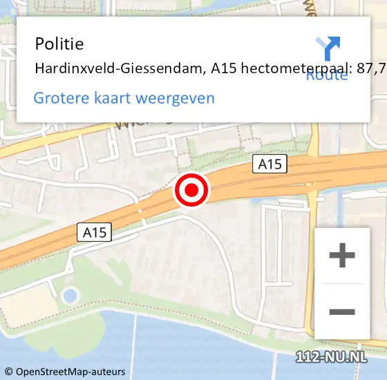 Locatie op kaart van de 112 melding: Politie Hardinxveld-Giessendam, A15 hectometerpaal: 87,7 op 4 oktober 2023 16:50