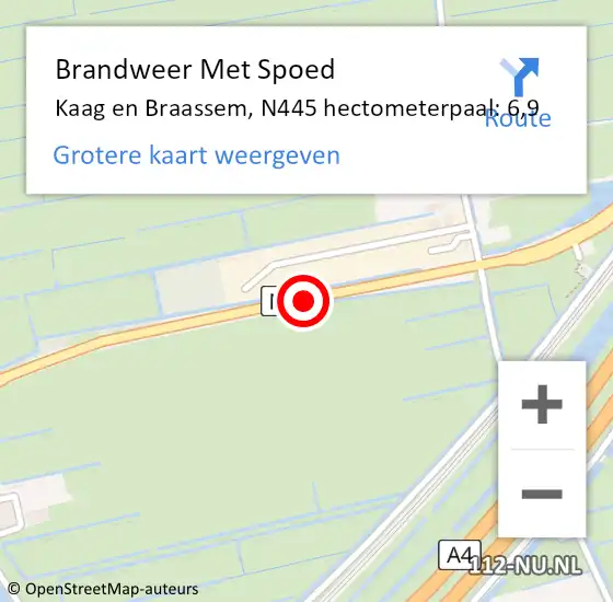 Locatie op kaart van de 112 melding: Brandweer Met Spoed Naar Kaag en Braassem, N445 hectometerpaal: 6,9 op 4 oktober 2023 19:34