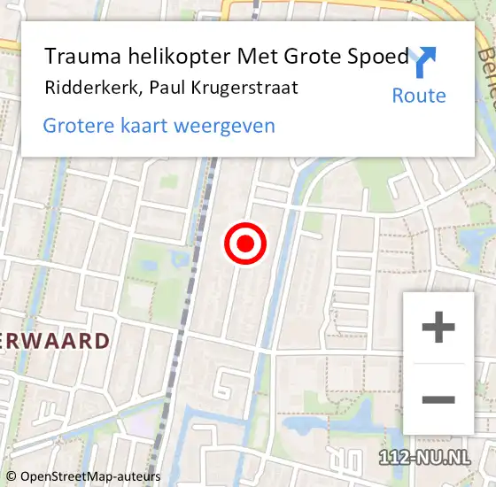 Locatie op kaart van de 112 melding: Trauma helikopter Met Grote Spoed Naar Ridderkerk, Paul Krugerstraat op 4 oktober 2023 22:44